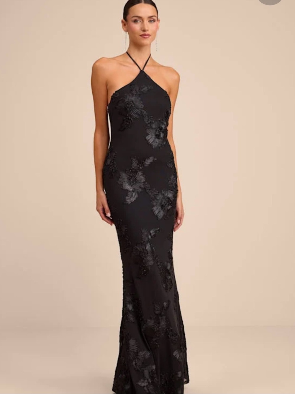 Black Halter Floral Evening Gown